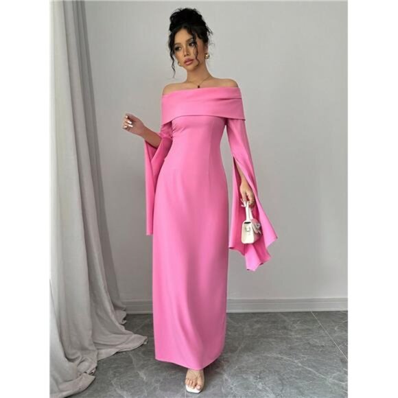 Asymmetric Sleeve Ruffle Detail Off-Shoulder Elegant Dress Maxi Women Outfit - Picture 3 of 6
